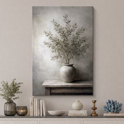 Soft Olive Branches In Neutral Vase Artwork, Bedroom Pictures, Framed Canvas Giclee Print Wall Art