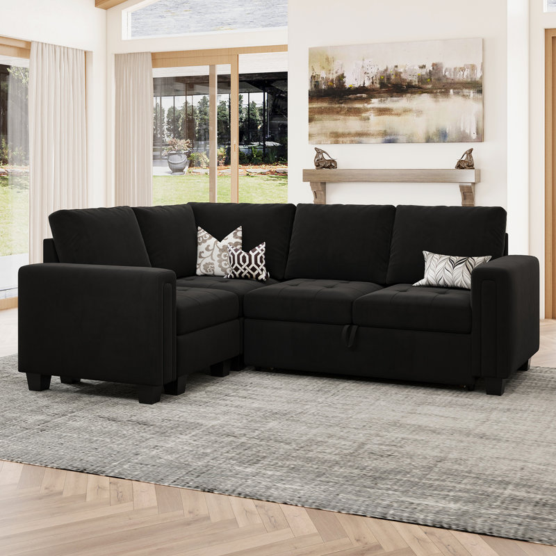 Shavera Velvet Modular Sectional L-Shaped Sleeper Sofa Bed For Apartment, Black Velvet