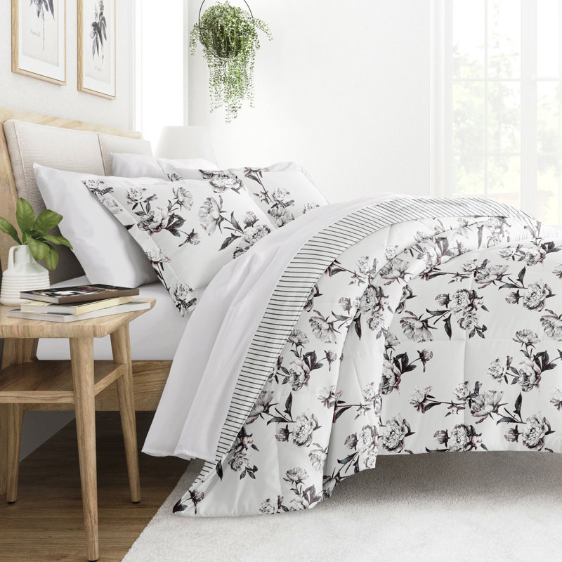 King Gray Floral Down Alternative Reversible Comforter Set