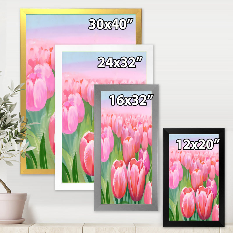 Field of Pink Tulips - Photographie de cadre photo sur toile, H 32 po x l 16 po x P 1 po, Cadre noir
