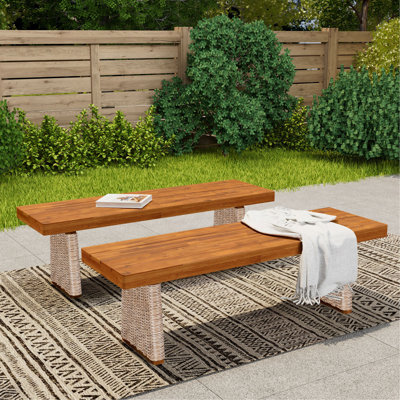 Banc d'extérieur en bois d'acacia (ensemble de 2), finition teck + osier brun