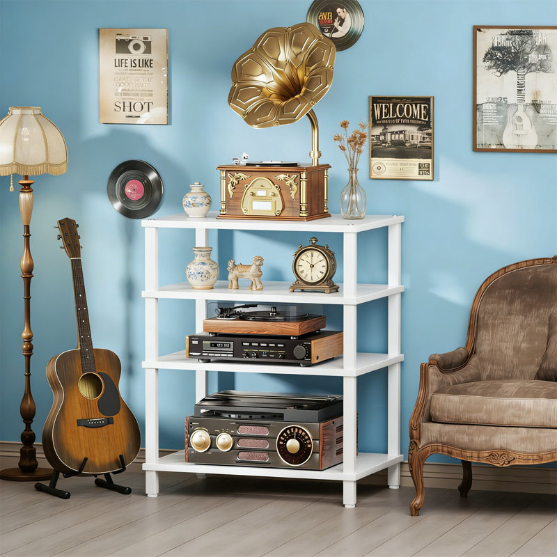 Set Of 2 White 4-Tier AV Media Stands, Wooden Stereo Cabinet, Game Console Shelf, Multifunctional, White