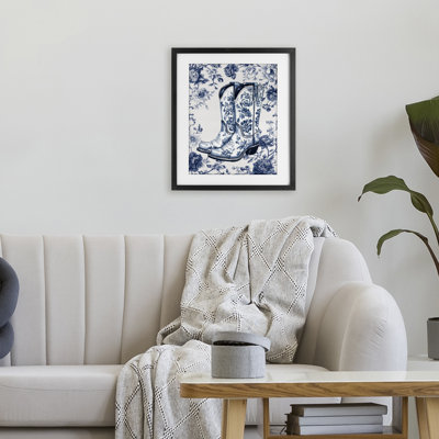 Blue Spring Florals & Boots Framed Print Under Glass, design by Lettered and Lined