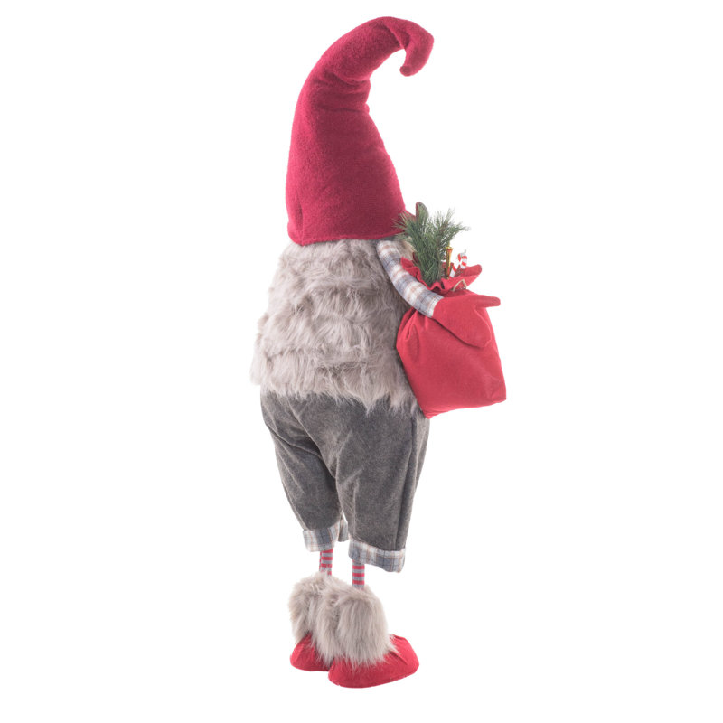 Gnome de père Noël debout en polyester rouge / gris tenant un sac-cadeau
