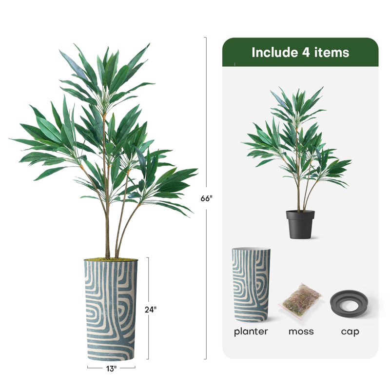 66'' Faux Dracaena Tree in Planter, Thick Line Teal