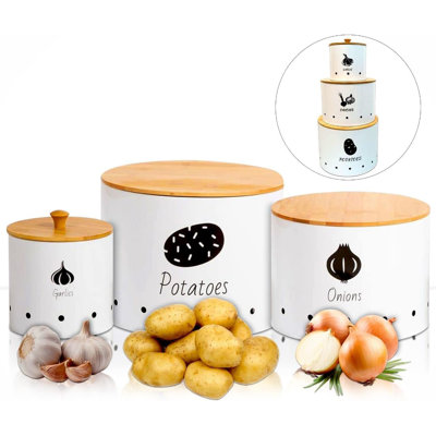3-piece White Metal Storage Canister Set with Wood Lids and Aerating Storage Holes 3-piece White Metal Storage Canister Set with Wood Lids and Aerating Storage Holes