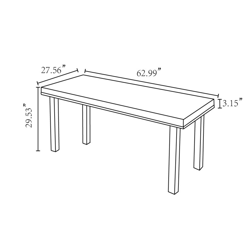 Table de salle à manger rectangulaire en bois massif épaissi, H 29,53 po x L 62,99 po x l 27,56 po 