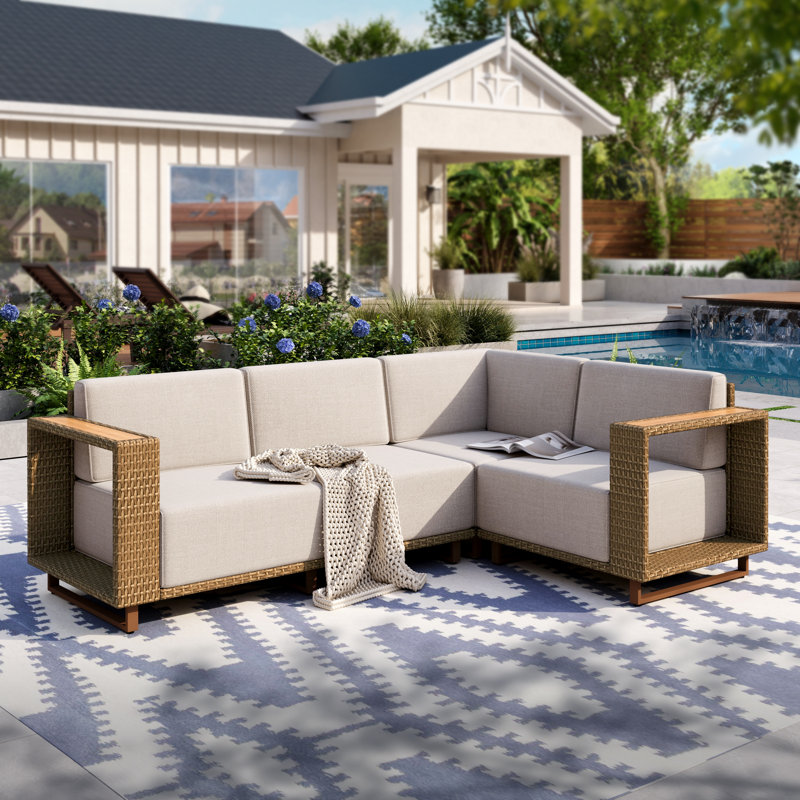 Wicker Patio Furniture Set Beige L-Shaped Modular Outdoor Sectional Sofa, 9.8 Inch Thick Cushions & Wide Armrests for Garden, Poolside & Backyard, Beige