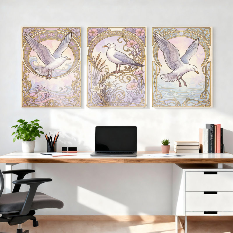 Ensemble de 3 tableaux muraux Art déco à motif floral et mouettes, H 18 po x l 36 po
