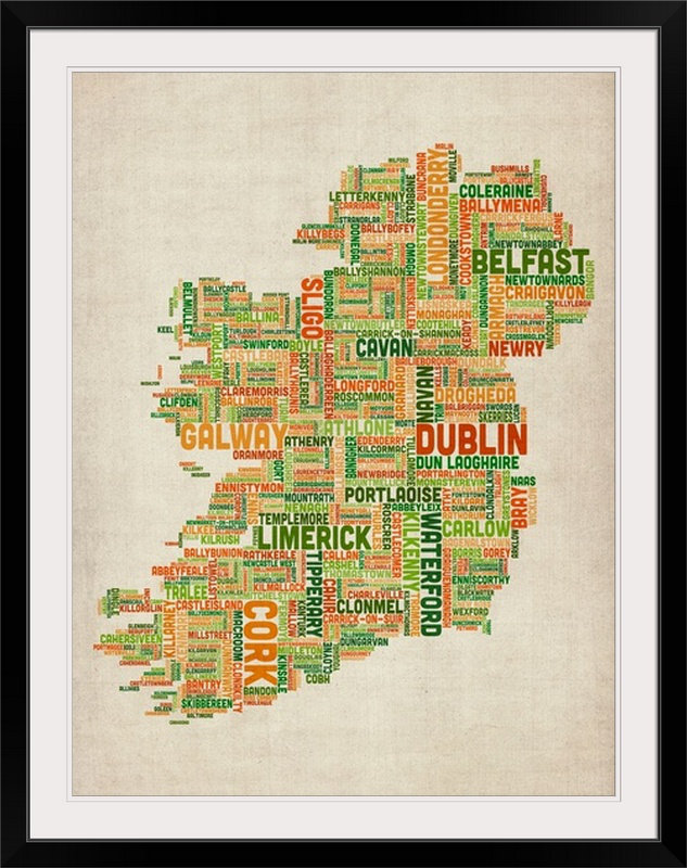 Art textuel de Francy, «Irish Cities Map» par Abarca, l 44 po x P 35 po x H 1 po, Cadre noir
