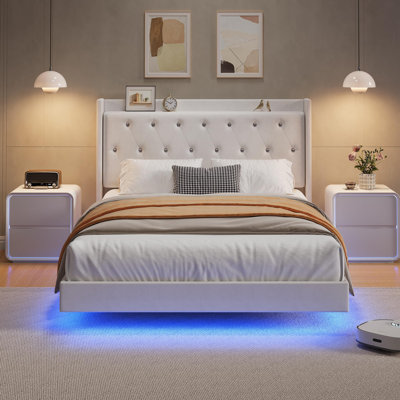 Queen Size Bed Frame with LED Lights, Modern Floating Bed Frame with Storage, Velvet Upholstered Headboard with Wingback for Apartment, White by Mercer41