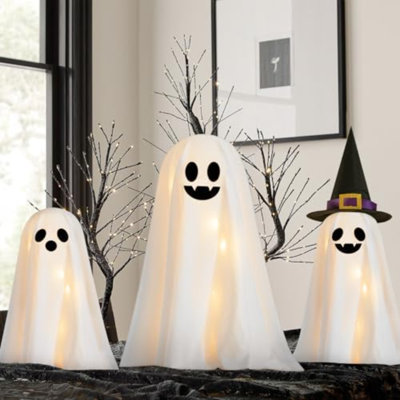 Décorations d'Halloween pour l'intérieur - 3 paquets de fantômes fantasmagoriques lumineux avec guirlandes de lumières, chapeaux de sorcière, trousses d'artisanat pour Halloween
