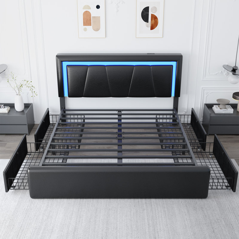 Upholstered Bed Frame with 4 Large Drawers,RGB LED Lights, Adjustable Headboard, Easy to Assemble, Full , Black