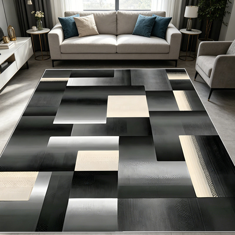 1PC Geometric Abstract Black Grey Beige Metallic Block Pattern area rugs for Living Room, Soft and Comfortable, Suitable for all seasons, easy-to-maintain, machine washable Indoor floor mat, Under Table Farmhouse suitable for dining table, bedroom,