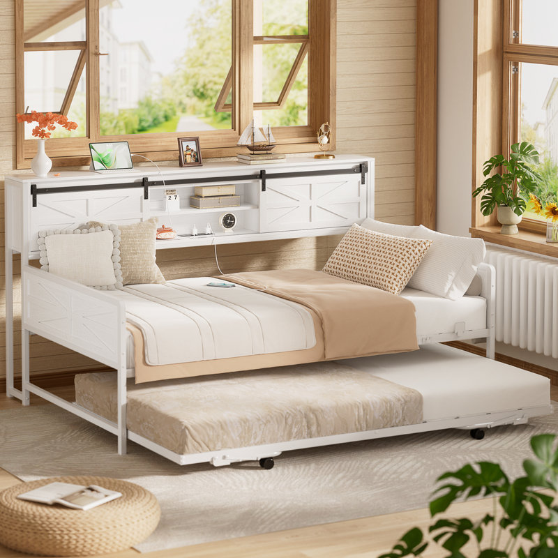 Barn Door Twin Daybeds With Pop Up Trundle With Charging Station, With Storage Headboards, White