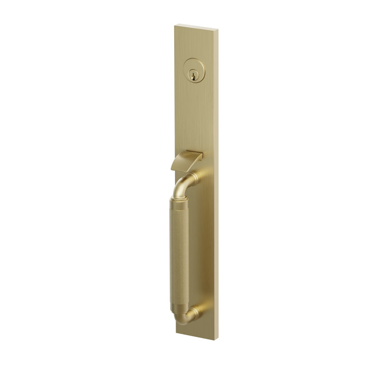 Ensemble de pinces d'entrée Emtek SELECT, F20, à mortaiser pleine longueur, entraxe de 63,5 mm (2-1/2"), tige extérieure en forme de R, poignée moletée ; poignée intérieure Hercules, laiton satiné, pour droitier