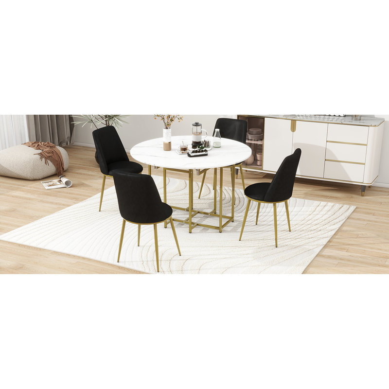 Table de salle à manger compacte pliable avec table ronde extensible et 4 chaises ergonomiques, plateau en faux marbre blanc, cadre doré pour un look élégant et moderne