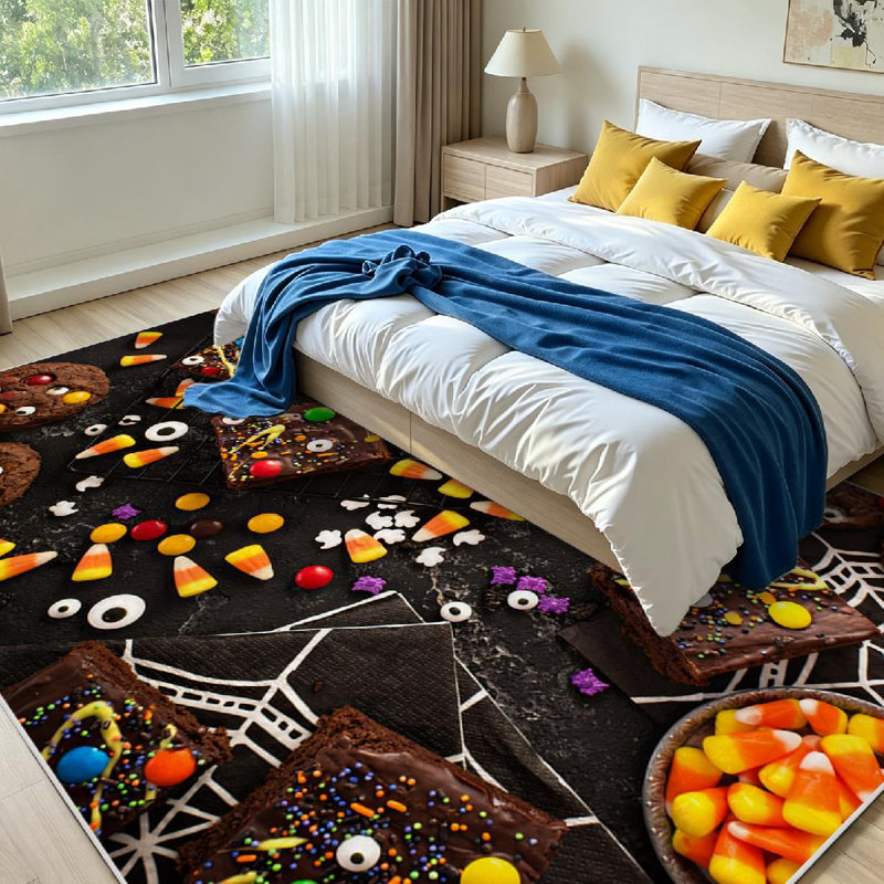 Tapis intérieur brun lavable à la machine, motif de monstre en chocolat et bonbons, Rectangle 71 po x 98 po