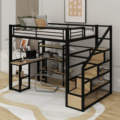 Lit mezzanine double en métal avec escalier, bureau et tablettes