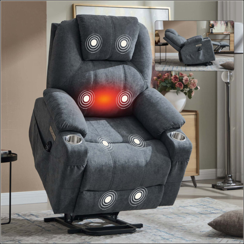 Up To 350 LBS Polyester Power Lift Recliner Chair, Heavy Duty Motion Mechanism With 8-Point Vibration Massage And Lumbar Heating, USB And Type-C Ports, Stainless Steel Cup Holders