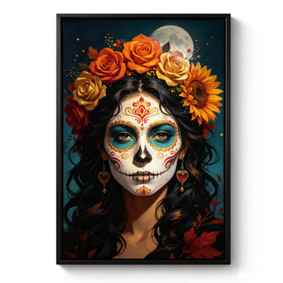 Day of the Dead Sugar Skull With Sunflowers, Framed Canvas Wall Art, Black Frame, 24 x 36 Inch