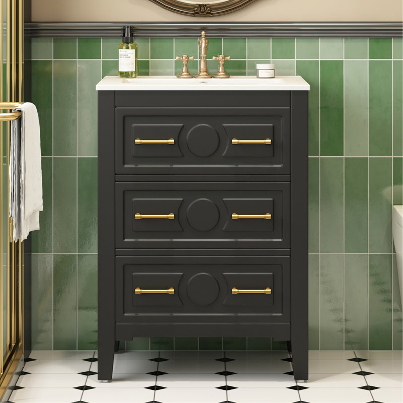 Meuble-lavabo de 24 po avec lavabo en céramique, meuble-lavabo simple à 3 tiroirs, couleur noire et noir, facile à installer, tiroirs rétro en métal