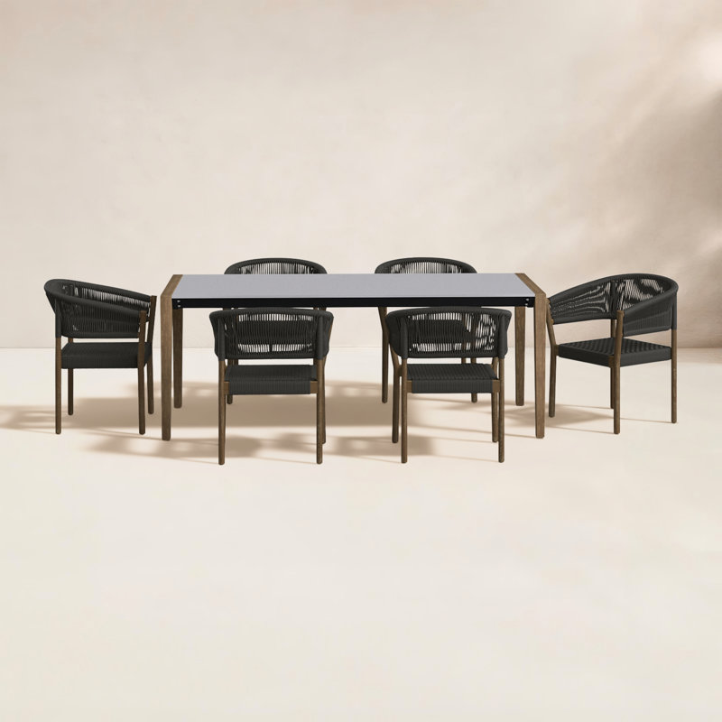 Izola 7 Piece Eucalyptus & Rope Outdoor Dining Set, Light Brown/Charcoal