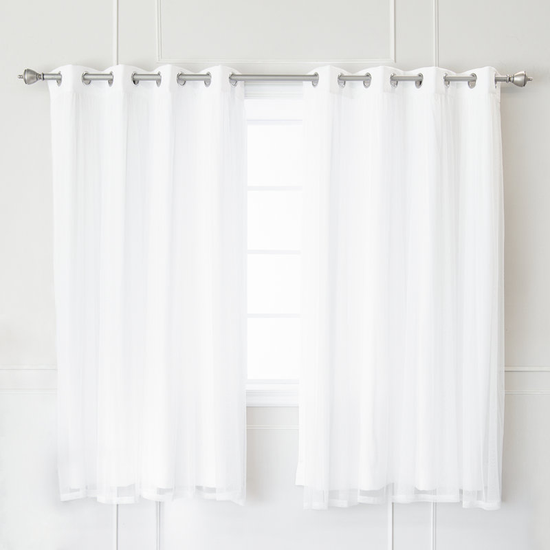 Fortuna Brockham Solid Tulle Overlay Room Darkening Grommet Curtain Panels, Bright White, 52" W x 63" L