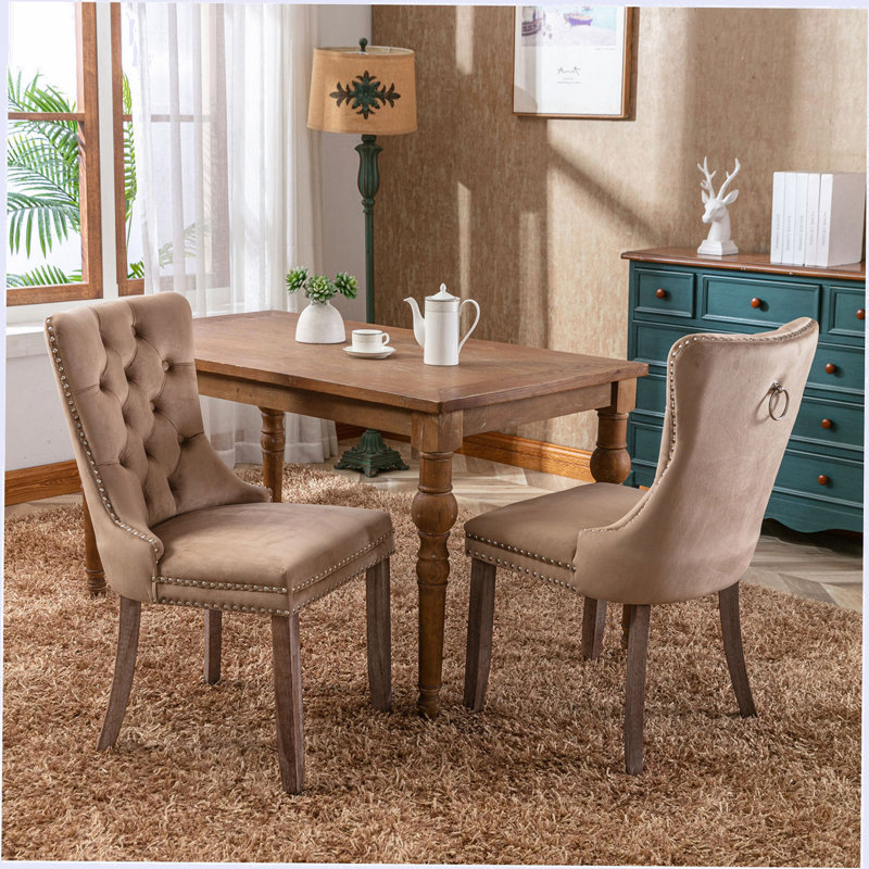 Chaise rembourrée capitonnée, Beige, Bois