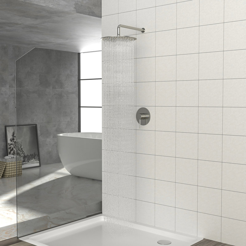 Système de douche en nickel brossé - pomme de pluie de 10 po, valve, fixation murale, robinet à queue d'hirondelle et installation facile avec tête de robinet de 10 po et valve lavable