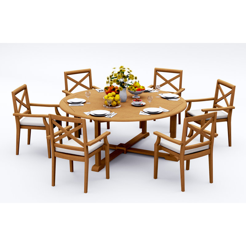 9 Pcs Grade-A Teak Wood Dining Set: 72" Round Table And 8 Granada Stacking Arm Chairs #11GR1708, 6