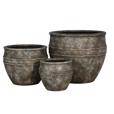 Basin Large Lightweight Fiberglass Planter Pot, Set of 3 - Indoor Outdoor