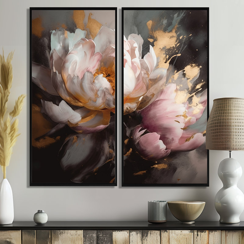Marbre rose doré pivoine fleur V - art mural abstrait en marbre, Impression encadrée flottante, H 32 po x l 32 po, Noir