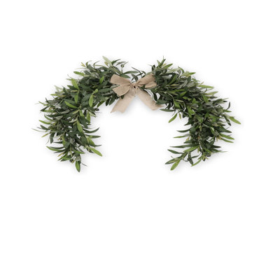 1Pcs Artificial Olive Branch Swag with Burlap Bow, 24 Inch Faux Olive Leaves Teardrop Garland for Front Door, Modern Farmhouse Greenery Decor for Wall, Mantle, Window & Above Mirror