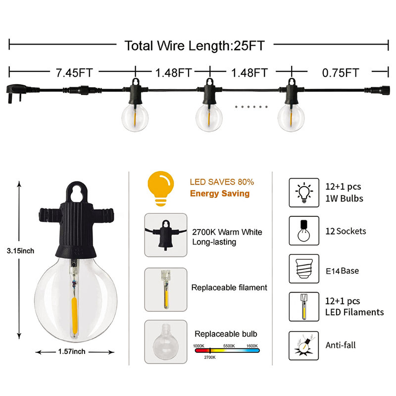 Amza 762cm 13 - Bulb Festoon Lights String Light (End to End Connectable)