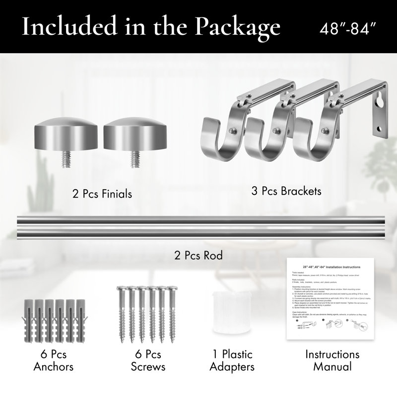 Tringle à rideaux simple réglable 1 po, 48" - 84", Nickel satiné
