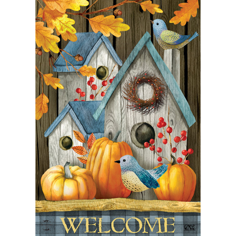Rustic Fall Birdhouse Welcome House Flag