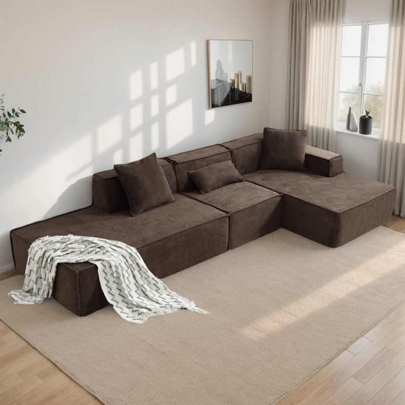 Canapé modulaire 3 pièces rembourré, Polyester brun, Accoudoir à droite (vu de face)