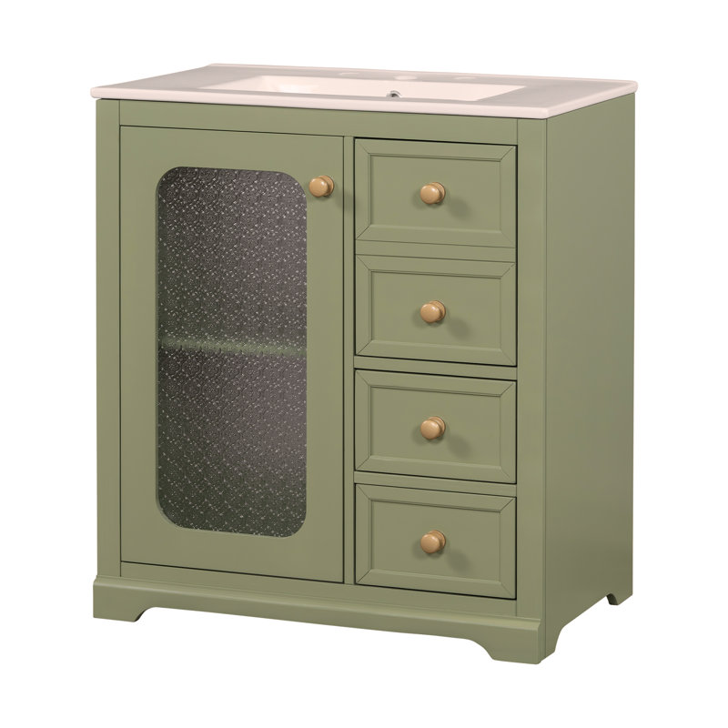Meuble-lavabo de 30 po avec porte en verre à fermeture en douceur, tablettes réglables et trois tiroirs, Vert
