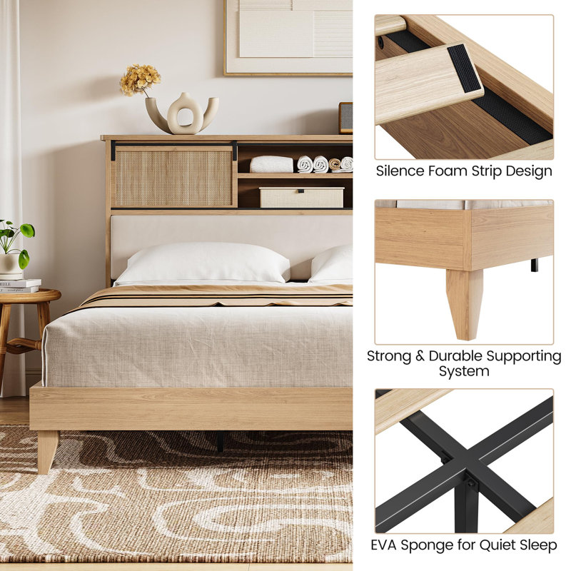 Rattan Bed Frame With Headboard & Storage Shelves, Full
