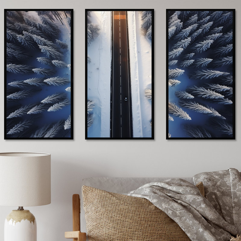 Endless Road Into Winter Forest I - Art mural mural, H 28 po x l 36 po, Cadre flottant noir