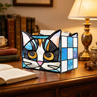 Stained Glass Style DualCompartment Pen HolderAssorted  Patterns Desktop Storage Caddy For Pens Makeup Brushes Office Cosmetic Table Organizer