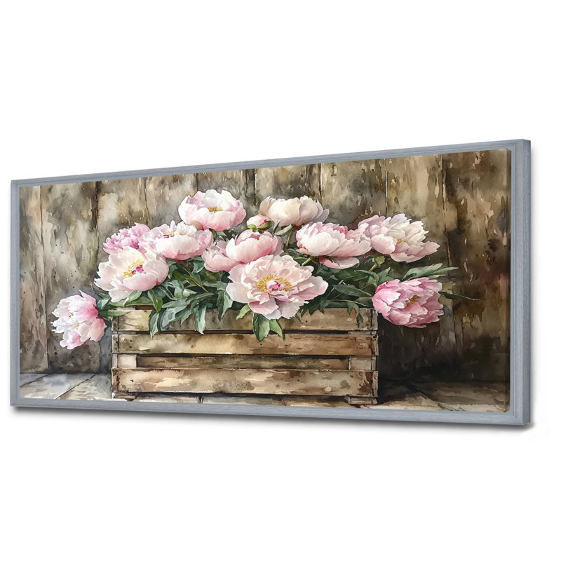 Pivoine campagnarde - Bouquet de pivoines, H 28 po x l 60 po, Floater Framed, Argent argent