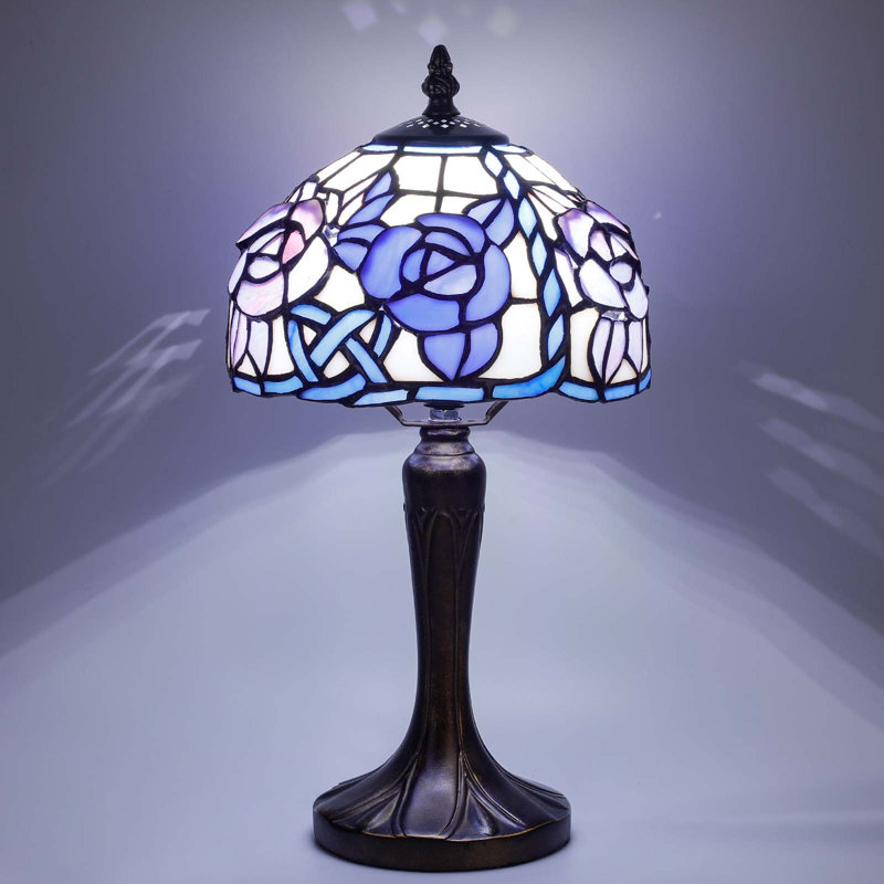 Lampe de table Tiffany en verre coloré rose de 8 pouces, lampe de chevet rétro fabriquée à la main avec base en bronze, lampe de chevet décorative pour le salon de la chambre à coucher