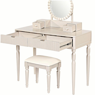 Bureau de coiffeuse de luxe avec miroir rond, hauteur réglable, ensemble de coiffeuse, 4 tiroirs et tabouret, champagne