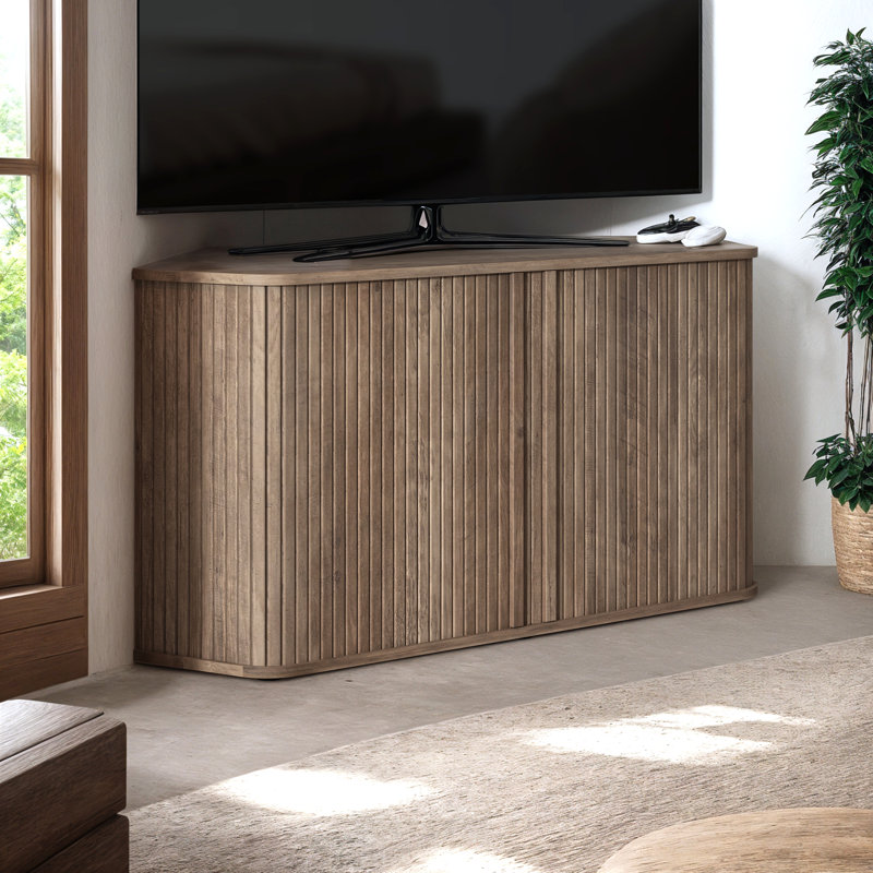 Aurel Modern Fluted Sliding Door Corner TV Stand with Storage, Brown