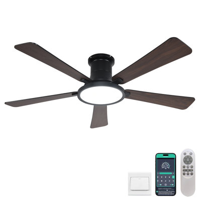 Ventilateur de plafond sans lame de 52 pouces avec lumière, télécommande à 6 vitesses, DEL à intensité variable 3 couleurs, plafonnier, moteur réversible silencieux pour la chambre à coucher, le salon, la cuisine, noir