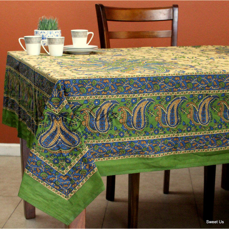 Cotton Block Print Paisley Floral Tablecloth For Rectangle Tables Blue, Green