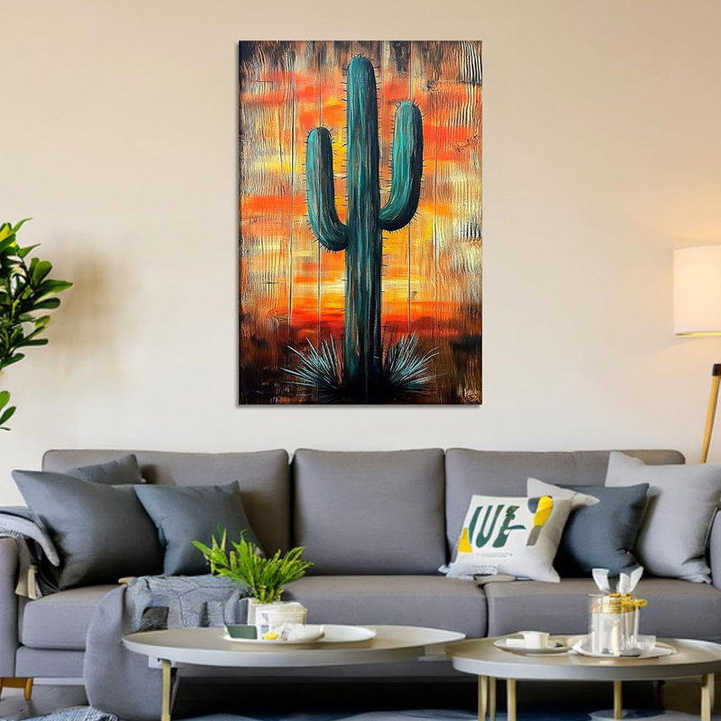 Cactus Wall Art Saguaro Picture Southwestern Art Arizona Desert Sunset Painting Wood Background Poster Succulent Boho Canvas Prints Living Room Wall Decor Framed(Cactus-13,16.00"x24.00")