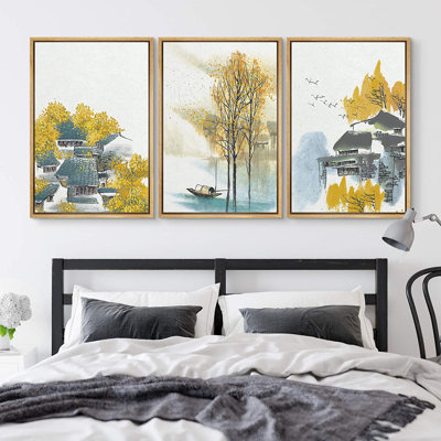 Autumn Fall " Small Villages with Yellow Autumn Trees " 3 Piece Art Watercolor Print